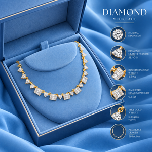 Collier en or jaune 14 carats avec cluster de diamants naturels géométriques |   Baguette Ronde 2.07 CTW |   Bijoux fins SI G-H pour femmes, cadeau de mariage - Product Image 5