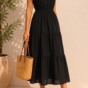 Vestido Midi con Tirantes Finos y Volantes, Cintura Elástica, Corte A, Casual, Verano, Transpirable, Tejido, Color Sólido, Ajuste Relajado - Product Image 3