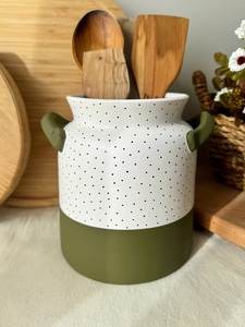 Pot de rangement pour ustensiles en céramique bicolore, finition mouchetée, avec poignée latérale, haute résistance, pour comptoir de cuisine - Product Image 2