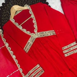 Heavy Georgette Gown Pant Dupatta Set With Real Mirror Lace Full <b>Stitched</b> Party Wear - Product Image 4