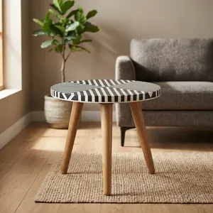 Mesa Auxiliar de Madera Hecha a Mano con Incrustaciones de Hueso, Patrón Chevron, Tapa Redonda, Mueble Decorativo para Sala de Estar Moderna - Product Image 2