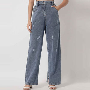 Pantalon en jean taille haute à jambes larges avec fentes et déchirures, coupe ample, longueur intégrale, style décontracté pour femme, idéal pour l'été - Product Image 4