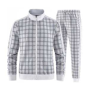 White Grey Micro Check Plaid Tracksuit Men Side Stripe Zip Jacket <b>Jogger</b> Set Athleisure Sportswear - Product Image 1