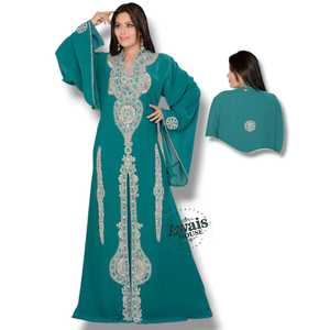 AWAIS HOUSE Women's Teal <b>Chiffon</b> Floor-Length A-Line Silhouette V-Neck Long Sleeves <b>Jacket</b> Beaded Embroidery Modest Dress - Product Image 6