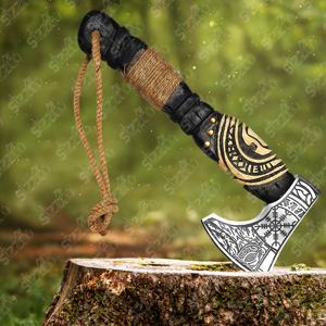 Hand Forged Viking Bearded <b>Axe</b> Carbon Steel Vegvisir Engraved Hatchet Ash Wood <b>Handle</b> with Leather Sheath OEM Ideal Gift for him - Product Image 5