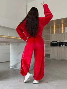 Ensemble de survêtement en velours rouge pour femme, haut zippé à manches longues, pantalon large, coupe ample sportive, toutes saisons, couleur unie - Product Image 3