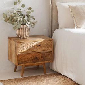 <b>Vintage</b> Solid Wood Hand Carved 2 Drawer <b>Bedside</b> <b>Table</b> Rustic Nightstand Bedroom Storage Furniture For Home Hotel Interior Decor - Product Image 2