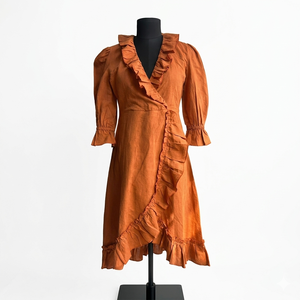 Vestido Casual de Mujer, Mezcla de Viscosa y Lino, Cuello en V, Estilo Cruzado con Cuello con Volantes, Vestido Midi de Verano, Cómodo para la Noche y el Uso Diario - Product Image 1