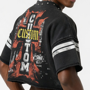 Custom Cropped Graphic T Shirt Women's Vintage Washed Distressed Studded Tee Oversized Streetwear OEM Wholesale - Product Image 5