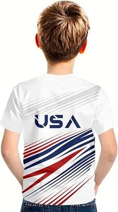 Camiseta Blanca de Manga Corta para Niños con Estampado de Rayas Rojas y Azules, Cuello Redondo, Poliéster Transpirable, para Todas las Temporadas - Product Image 2