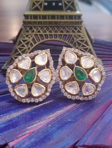 <b>studs</b> <b>earrings</b> in leaf design with green doublet and polki stone in <b>silver</b> 925 material for bridal gold layered in handmade <b>stud</b> - Product Image 1