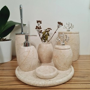 High Standard Quality Marble Six-Piece Bathroom Set Round Luxury Style With Gold Accents Easy To <b>Clean</b> - Product Image 5