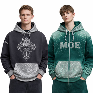 เสื้อฮู้ดซิปและแบบสวมหัวประดับเพชรหรูหราสำหรับผู้ชาย ทรงโอเวอร์ไซส์ สตรีทแวร์ ผ้าฝ้ายฟลีซไล่เฉดสีและลายกราฟิก สั่งทำจำนวนมากได้ - Product Image 1