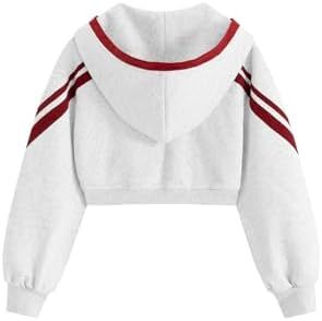 เสื้อฮู้ดครอปสีขาวลายทางสีแดงแบบซิป เสื้อสเวตเชิ้ตลำลองแบบยูนิเซ็กซ์ แขนยาวถักนิตติ้ง มีกระเป๋า เหมาะสำหรับใส่ในฤดูใบไม้ผลิ - Product Image 2