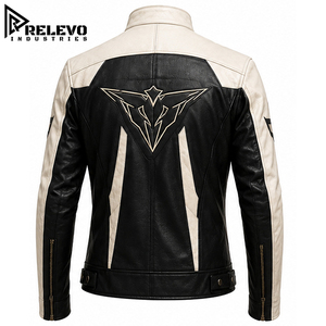 Premium Men's Slim Fit Black & White Leather Biker Jacket, Armor Style Coat with Perforated Front and Stand Collar Customized - Product Image 2