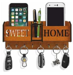 Porte-clés rustique en bois avec étagère pour décoration murale, porte-clés mural en bois fait main avec logo personnalisé - Product Image 2