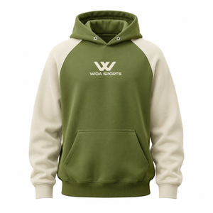 Sweat à capuche personnalisé en polaire polyester, couleur crème vert olive, blocs de couleurs, manches raglan - Product Image 1