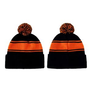 Black Orange Striped <b>Pom</b> <b>Pom</b> Beanie Knit Cuffed Winter <b>Hat</b> Casual Unisex - Product Image 1