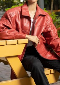 Chaqueta de Motociclista de Cuero Sintético Rojo para Mujer, Tejida, con Cierre de Cremallera, Cuello Camisero, Estilo Otoñal - Product Image 6