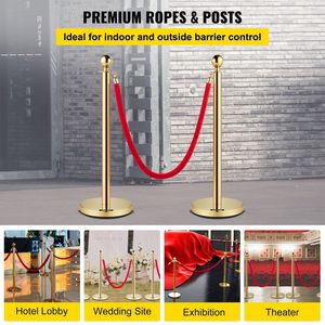 Set da 4 pezzi di corde di velluto 5 piedi/1.5m corda rossa in acciaio inossidabile con parte superiore a sfera di montante in oro per il controllo della folla teatri usati - Product Image 2