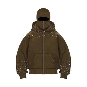 Sweat-shirt surdimensionné pour homme avec cagoule intégrée, fermeture éclair, détails en strass, en coton tricoté, style streetwear, automne, haute qualité - Product Image 1