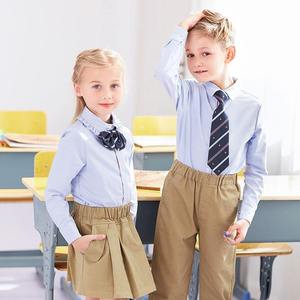 Conjunto de Uniforme Escolar Primario, Camisa Oxford Azul de Poliéster/Algodón con Corbata, Pantalones Caqui y Falda para Niños Unisex - Product Image 1