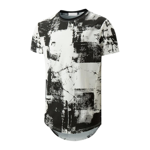 Black White Abstract Paint Splash Longline Curved Hem Tee Men Short Sleeve Cotton Wholesale Casual - Product Image 1