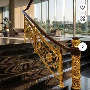 Rampe d'escalier en fer forgé doré de luxe avec design floral orné et main courante en bois pour villa, manoir et intérieur d'hôtel - Product Image 6