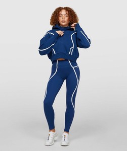 Blue Hooded <b>Quarter</b> <b>Zip</b> Crop Sweatshirt <b>White</b> Piping Regular Fit Unisex Autumn Wear Knitted 100% Cotton Fleece Lined Pocket - Product Image 6