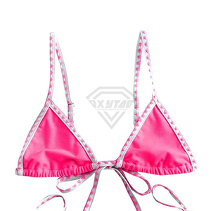 Ensemble bikini rose deux pièces avec bordure contrastée et cordon de serrage, maillots de bain sexy pour l'été, vêtements de plage pour femmes - Product Image 3