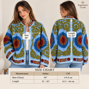 Veste Suzani en cuir écologique respirant brodée à la main à double couche pour femmes, motif floral, tissu tissé, col mandarin - Product Image 2
