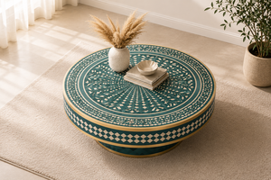 Mesa de Centro Redonda Moderna Hecha a Mano con Incrustaciones de Hueso Verde y Detalles de Latón, Madera y MDF para Sala de Estar - Product Image 3