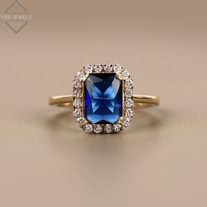 Anillo de lujo con halo de diamantes y zafiro azul, oro amarillo, gema de corte esmeralda, joyería de compromiso nupcial, regalo para mujer, proveedor. - Product Image 1
