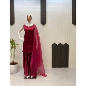 Magnifique ensemble haut et bas en satin de soie 100% marron pour femmes, avec dupatta, taille L - Product Image 2