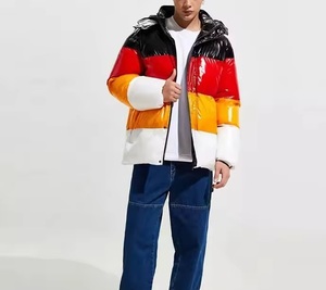 Hooded Color Blocking Puffer <b>Jacket</b> Men Winter Warm Thick PU Coated Casual Zipper Closure Loose Fit Outerwear - Product Image 5
