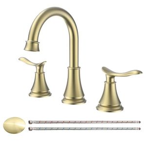 Grifo de lavabo de baño de 8 pulgadas con 2 manijas, acabado en oro cepillado, caño giratorio 360 grados, grifo de lavabo de 3 orificios para encimera - Product Image 1
