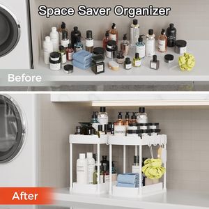 Set di 2 Organizzatori Estraibili Multiuso in PP, 12,8 Pollici, Bianchi, per Armadietti Sotto Lavello - Product Image 5