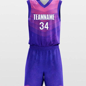 Conjunto de Uniforme de Baloncesto Sublimado Personalizado, Cuello en V, Sin Mangas, Degradado Morado y Rosa, Absorbe la Humedad, Ropa Deportiva Unisex para Adultos - Product Image 3