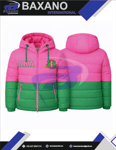 Alfa |   Kapa |   Chaqueta Acolchada de Invierno con Capucha Rosa y Verde de Alpha Sorority, con Logotipo Frontal Personalizado de la Hermandad Griega AKA - Product Image 4