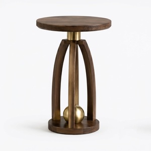 Scandinavian Oval Ribbed Design Base <b>Round</b> Wooden <b>Side</b> <b>Table</b> with Brass Accents Modern Design for Living Room Home Furniture - Product Image 5