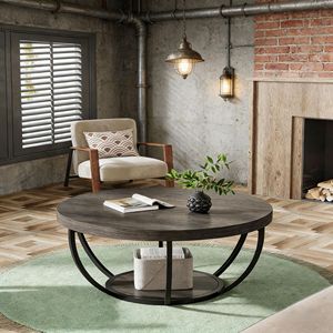 Table basse ronde en bois à 2 niveaux avec étagères, table centrale pour cocktails - Product Image 3