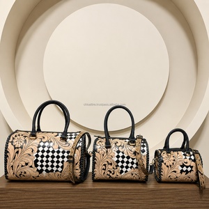 New Premium Vintage Hand Tooled Checkered Cow Leather Speedy Bag for Women's With Designer Floral Carved Pattern Shoulder Bag - Product Image 4