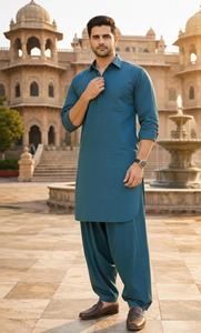 Conjunto de Kurta y Pijama de Algodón Color Verde Azulado para Hombre, Manga Larga, Color Sólido, Ropa Casual Diaria, Estilo Étnico de India y Pakistán - Product Image 1