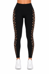 Leggings extensibles noirs taille haute pour femmes avec détails en maille découpée sur le côté – Pantalon de sport tendance pleine longueur - Product Image 4
