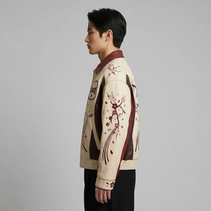 Men's <b>Chinese</b> Style Bomber <b>Jacket</b> With Hand Embroidered Floral Pattern Turn-down Collar Zipper Closure Autumn Wear - Product Image 4
