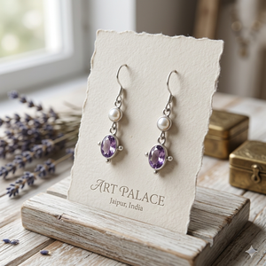 Pendientes colgantes chapados en plata de Art Palace con amatista y bisel de perlas de imitación, joyería clásica para mujer - Product Image 1