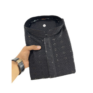 Traditionnel Rayon Lucknowi Séquence Travail Homme Kurta avec Payjama Noir - Product Image 1