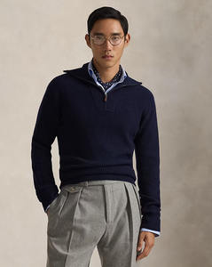 Pull en maille texturé bleu marine pour homme, col mandarin, demi-zip, style décontracté chic, idéal pour l'automne - Product Image 1