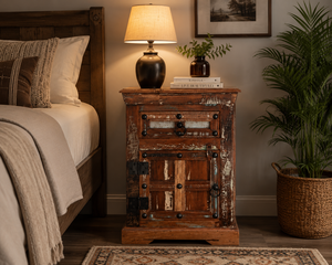 <b>Rustic</b> Wooden Nightstand With Single Drawer And Cabinet Door Handmade Antique Style Bedroom Furniture - Product Image 2