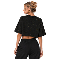 Chemisier court personnalisé en strass avec découpe en cœur pour femme, coupe ample et carrée, en coton épais, détails brodés dorés, ODM